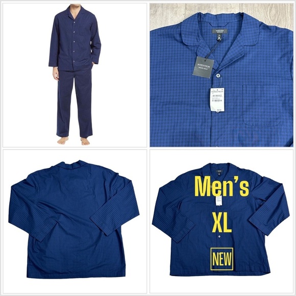 Men's Nordstrom Shop XL Shirt Pajamas Button Front Plaid Blue Black Stretch NWT - Picture 1 of 9